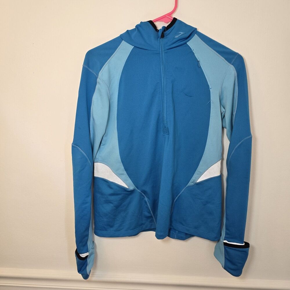 BROOKS Womens Blue 1/2 Zip Hooded Athletic Pullover 5BL18 Sz Small Running Cycle